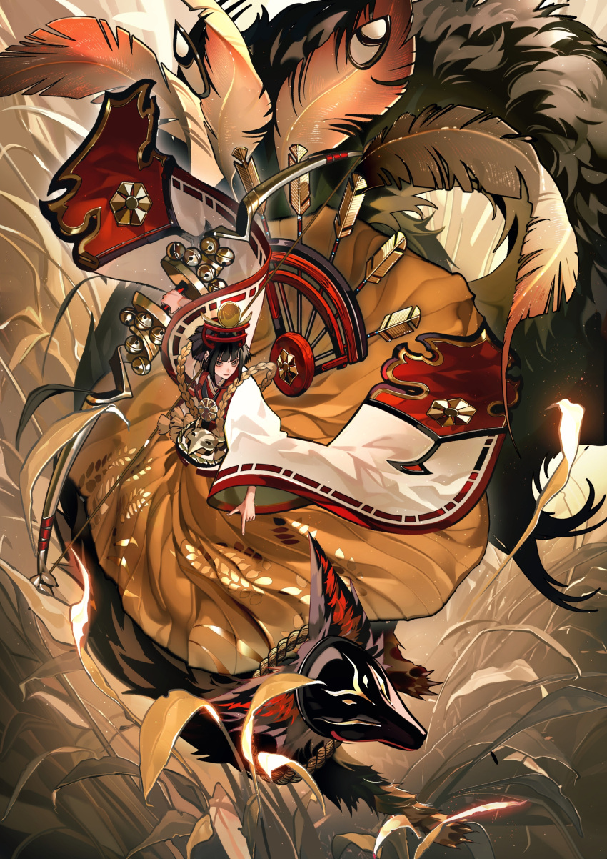 1girl absurdres animal animal_skull arrow_(projectile) bell black_hair blunt_bangs bow_(weapon) brown_hakama brown_theme closed_mouth coin_hair_ornament feathers field floating floating_clothes floating_object fox from_above hair_ornament hakama headgear highres holding japanese_clothes jingle_bell kagura_suzu kimono large_tail long_sleeves looking_to_the_side miketsu_(onmyoji) onmyoji onmyoji:_the_card_game outstretched_arms oversized_object pointing print_hakama red_eyes ribbon-trimmed_sleeves ribbon_trim riding rope short_hair sidelocks smile spread_arms standing tail tuotuo weapon wide_sleeves