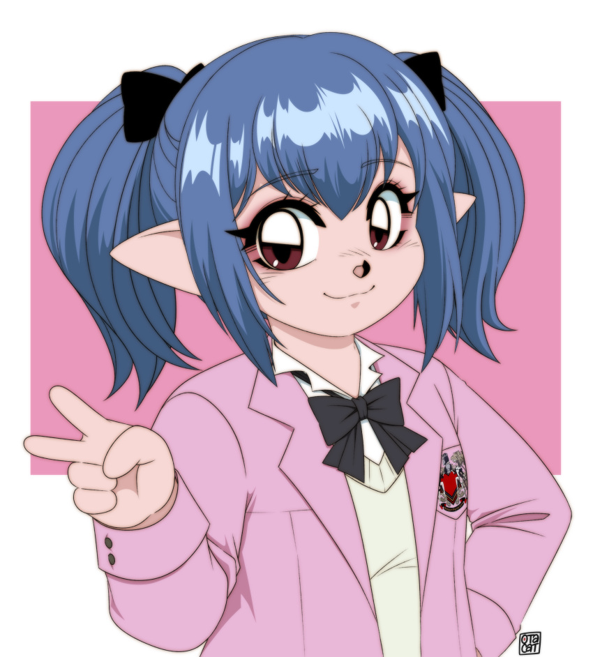 0tacat 1girl absurdres black_bow black_bowtie blue_hair bow bowtie brown_eyes commentary commission english_commentary final_fantasy final_fantasy_xiv hand_on_own_hip highres jacket lalafell pink_jacket pointy_ears signature snout solo twintails v warrior_of_light_(ff14)