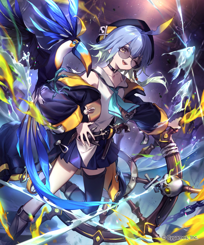 1girl ahoge barbaros_(shadowverse) bare_shoulders bird black-framed_eyewear black_collar black_headwear blue_hair blue_skirt breasts chain collar dungeon fire fish flying foliage glasses gun hair_ornament hat highres jacket lee_hyeseung looking_at_viewer multicolored_hair official_art one_eye_closed open_clothes open_jacket open_mouth pirate pleated_skirt round_eyewear sailor_collar sailor_shirt shadowverse shirt short_hair skirt skull_hair_ornament smile solo steering_wheel thigh-highs water weapon wide_sleeves wood yellow_eyes