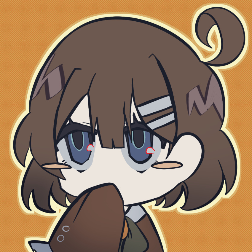 1girl ahoge avatar_icon blue_eyes blush_stickers bow bowtie brown_coat brown_hair coat coco_(556ch0cl8) collared_shirt frilled_sleeves frills green_bow green_bowtie hair_ornament hairclip halftone halftone_background highres hod_(project_moon) library_of_ruina looking_up medium_hair portrait project_moon shirt sleeves_past_fingers sleeves_past_wrists solo white_shirt