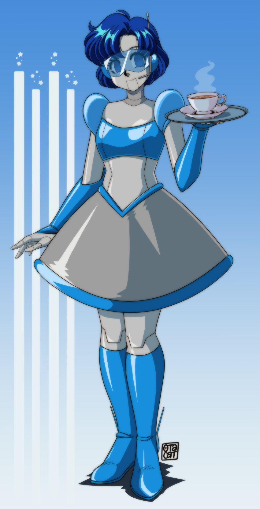 0tacat 1girl absurdres alternate_costume bishoujo_senshi_sailor_moon blue_eyes blue_hair boots breasts commentary commission cup empty_eyes english_commentary enmaided full_body head-mounted_display headset highres holding holding_tray humanoid_robot knee_boots maid mechanization mizuno_ami robot short_hair signature skirt small_breasts solo tea teacup tray