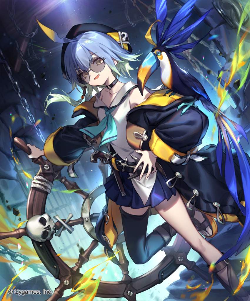 1girl ahoge barbaros_(shadowverse) bare_shoulders bird black-framed_eyewear black_collar black_headwear blue_hair blue_skirt breasts cave_interior chain collar dungeon foliage glasses hair_ornament hat highres jacket lee_hyeseung looking_at_viewer multicolored_hair official_art open_clothes open_jacket open_mouth pirate pleated_skirt round_eyewear sailor_collar sailor_shirt shadowverse shirt short_hair skirt skull_hair_ornament smile solo steering_wheel thigh-highs wide_sleeves wood yellow_eyes