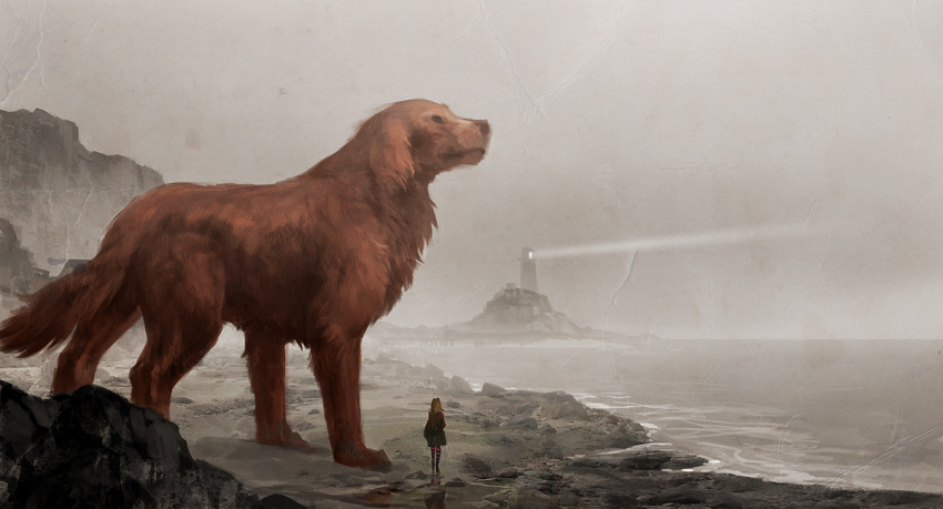 1girl animal animal_focus clifford_(dog) clifford_the_big_red_dog dog emily_elizabeth island lighthouse ocean outdoors oversized_animal realistic sandara scenery standing traditional_media water