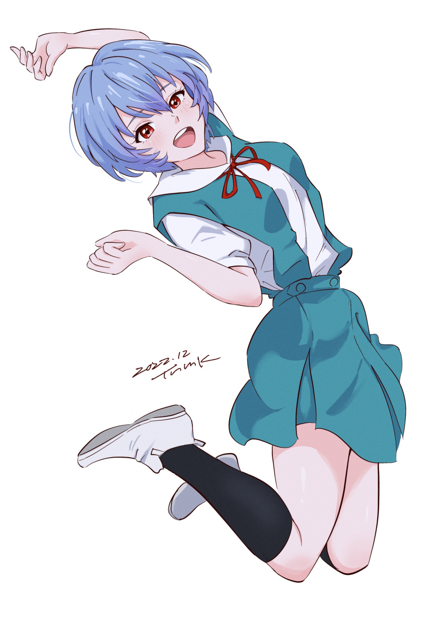 1girl :d absurdres aqua_skirt arm_up artist_name ayanami_rei black_socks blue_hair blush breasts commentary curled_fingers dated dress_shirt excited feet_up from_side full_body hair_between_eyes hand_up highres jumping kneehighs light_blush looking_at_viewer looking_to_the_side medium_breasts neck_ribbon neon_genesis_evangelion open_mouth pleated_skirt red_eyes red_ribbon ribbon school_uniform shirt shoes short_hair short_sleeves signature simple_background skirt smile socks solo suspender_skirt suspenders tokyo-3_middle_school_uniform tsunemoku white_background white_footwear white_shirt
