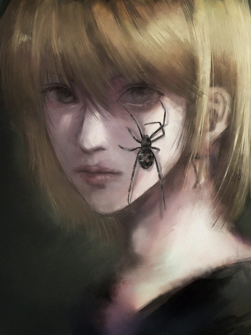 1other androgynous black_widow_(spider) blonde_hair bug cornchiva expressionless highres hunter_x_hunter kurapika looking_at_viewer portrait short_hair solo spider upper_body