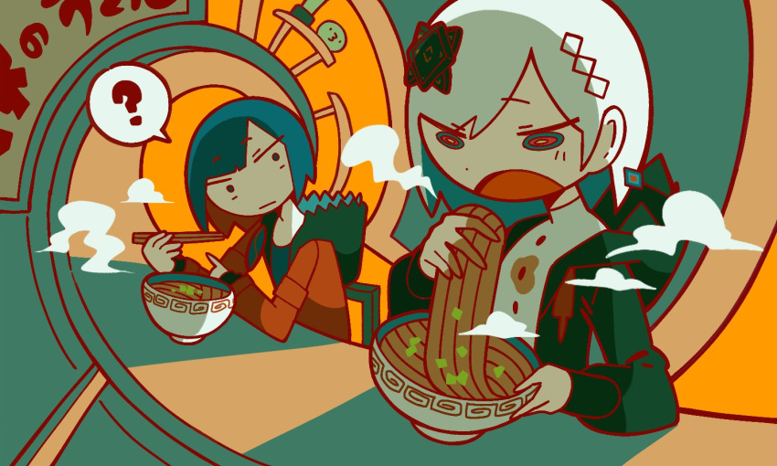 2girls ? ai_drawing_anime_characters_eating_ramen_(meme) black_jacket black_shirt blue_eyes blue_hair bowl braid buttons cevio chopsticks closed_mouth colored_inner_hair commentary confused counter diamond_earrings dual_persona earrings eating elbows_on_table food high_collar holding holding_bowl holding_chopsticks holding_food hood hood_down hooded_jacket imminent_bite jacket jewelry kamitsubaki_studio long_hair long_sleeves looking_at_another looking_at_food looking_to_the_side low_ponytail meandros meme multicolored_clothes multicolored_eyes multicolored_hair multicolored_jacket multiple_girls no_sclera noodles raised_eyebrows ramen red_eyes red_jacket redhead rim_(kamitsubaki_studio) rime_(cevio) shirt side_braid sitting spoken_question_mark stained_clothes steam upper_body virtual_youtuber wan_2220 white_shirt wide-eyed yellow_pupils you're_doing_it_wrong
