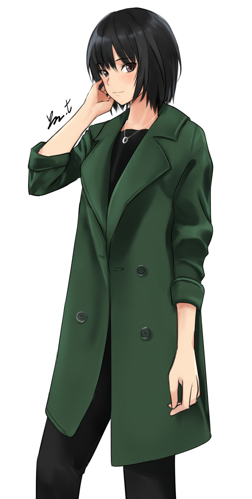 1girl absurdres adjusting_hair amagami arm_at_side artist_name black_hair black_pants black_shirt brown_eyes coat commentary feet_out_of_frame green_coat highres jewelry long_coat long_sleeves looking_at_viewer looking_to_the_side nanasaki_ai necklace pants playing_with_own_hair shirt short_hair signature simple_background sleeves_rolled_up solo standing white_background yoo_tenchi