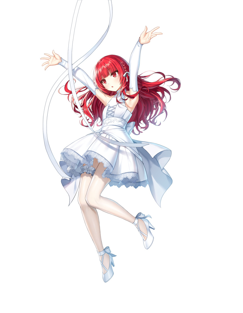 1girl :o ankle_bow armpits arms_up back_bow bare_shoulders blunt_bangs bow braid bridal_garter bridal_gauntlets closers dress flat_chest floating_hair full_body hair_ribbon hands_up high_heels highres jumping lace-trimmed_dress lace_trim leg_up long_hair looking_ahead official_art pantyhose red_eyes redhead ribbon seth_(closers) short_dress single_braid sleeveless sleeveless_dress solo tachi-e wedding_dress white_background white_bow white_bridal_garter white_bridal_gauntlets white_dress white_footwear white_pantyhose white_ribbon