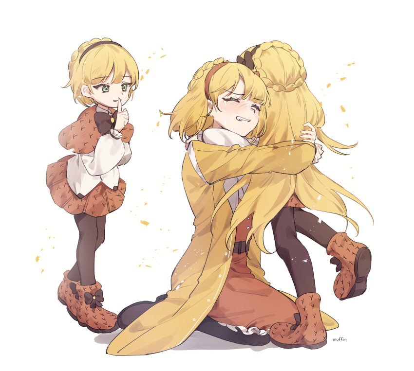 1boy 2girls blonde_hair blush boots braid brown_capelet brown_footwear brown_pantyhose brown_skirt capelet closed_eyes coat collared_shirt crown_braid crying dress finger_to_mouth green_eyes hairband highres hug index_finger_raised library_of_ruina lobotomy_corporation long_hair long_sleeves love_mintchoco multiple_girls multiple_persona orange_dress orange_hairband pantyhose project_moon puffy_long_sleeves puffy_sleeves shirt shushing simple_background skirt tears tiphereth_a_(project_moon) tiphereth_b_(project_moon) very_long_hair white_background white_shirt yellow_coat
