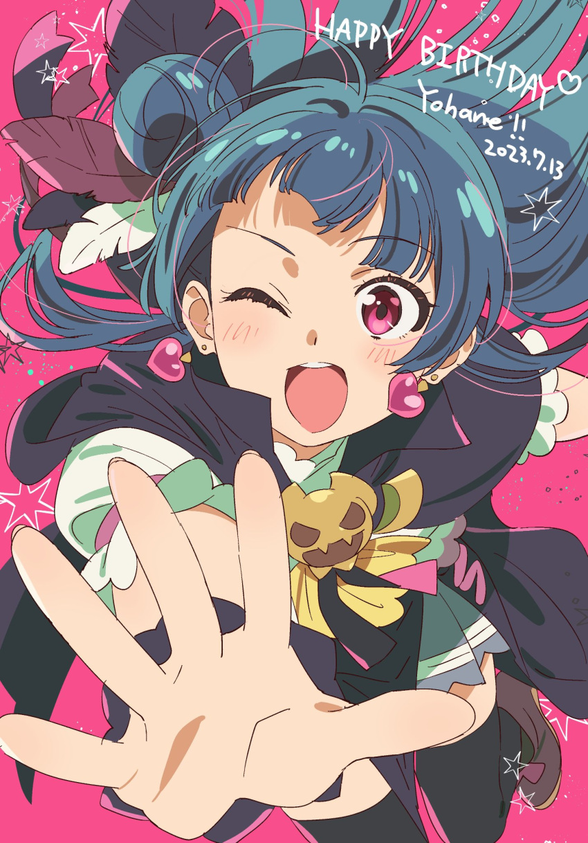 1girl black_thighhighs blue_hair blush character_name commentary_request dated earrings feathers genjitsu_no_yohane hair_bun happy_birthday heart heart_earrings highres jewelry long_hair looking_at_viewer love_live! love_live!_sunshine!! one_eye_closed open_mouth outstretched_arm solo star_(symbol) teeth thigh-highs tokira_nozumi tsushima_yoshiko upper_teeth_only violet_eyes