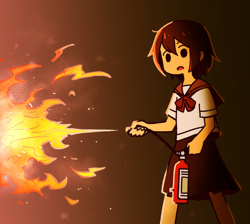 1girl black_eyes black_hair black_skirt bow bowtie commentary_request feet_out_of_frame fire fire_extinguisher highres holding legs_apart no_sclera open_mouth original pleated_skirt red_bow red_bowtie school_uniform serafuku shirt short_sleeves skirt solo standing takurada white_shirt