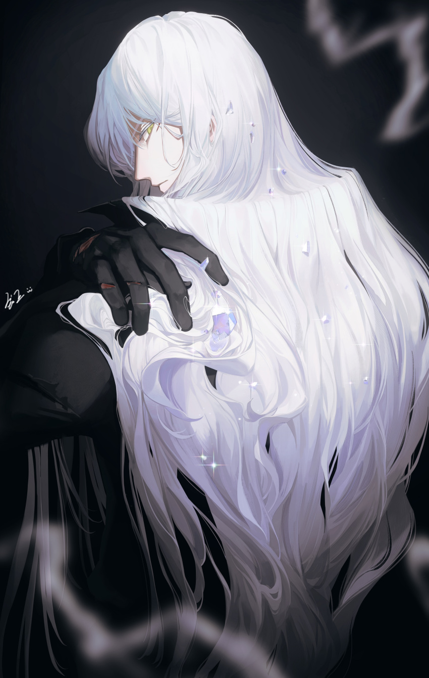 1boy absurdres bishounen black_background black_coat black_gloves blurry closed_mouth coat crystal cuts depth_of_field from_behind gin_(food_fantasy) gloves hair_ornament hand_on_own_shoulder highres holding holding_hair injury long_hair long_sleeves looking_at_viewer losingmind male_focus meitantei_conan no_headwear profile shards sideways_glance simple_background smoke solo sparkle torn_clothes torn_gloves upper_body white_gemstone white_hair yellow_eyes