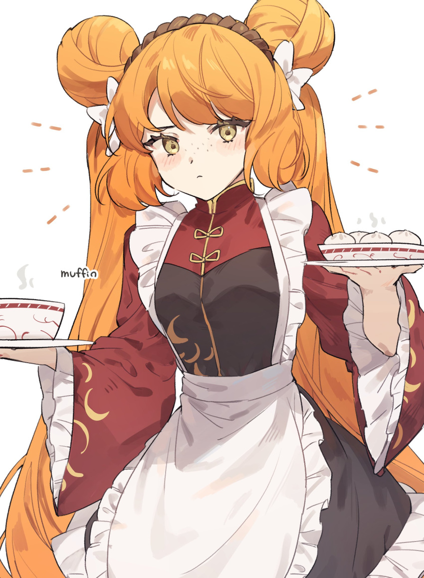 1girl absurdres apron baozi blush bow bowl brown_hairband closed_mouth double_bun dress food freckles frilled_sleeves frills gold_trim green_eyes hair_bow hair_bun hairband highres holding holding_plate ishmael_(limbus_company) limbus_company long_hair long_sleeves love_mintchoco maid orange_hair plate project_moon qi_maid red_dress sidelocks simple_background solo steam twintails very_long_hair white_background white_bow wide_sleeves