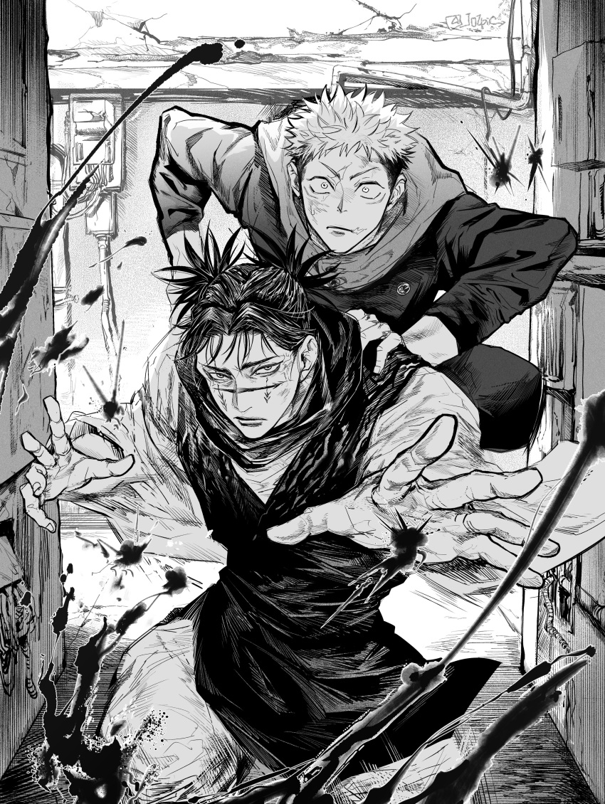 2boys absurdres blood choso_(jujutsu_kaisen) closed_mouth cowboy_shot greyscale hand_on_another's_shoulder hands_up highres hood hood_down itadori_yuuji jacket japanese_clothes jozpic jujutsu_kaisen jujutsu_tech_uniform jumping kimono long_sleeves male_focus monochrome multiple_boys open_hands pants scar scar_on_face scarf school_uniform short_hair short_twintails standing twintails undercut wide_sleeves