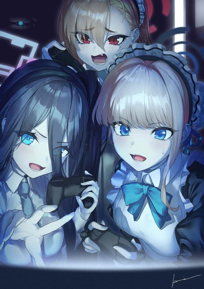 3girls :d absurdres apron aris_(blue_archive) black_hair blonde_hair blue_archive blue_eyes blush bow bowtie breasts collared_shirt controller fang game_controller hair_between_eyes hair_over_one_eye hair_ribbon hairband handheld_game_console highres holding holding_controller kamie_(eat_ebi) long_hair long_sleeves looking_at_viewer maid maid_apron maid_headdress multiple_girls necktie neru_(blue_archive) open_mouth playing_games puffy_sleeves red_eyes ribbon shirt smile teeth toki_(blue_archive) upper_body white_apron white_shirt