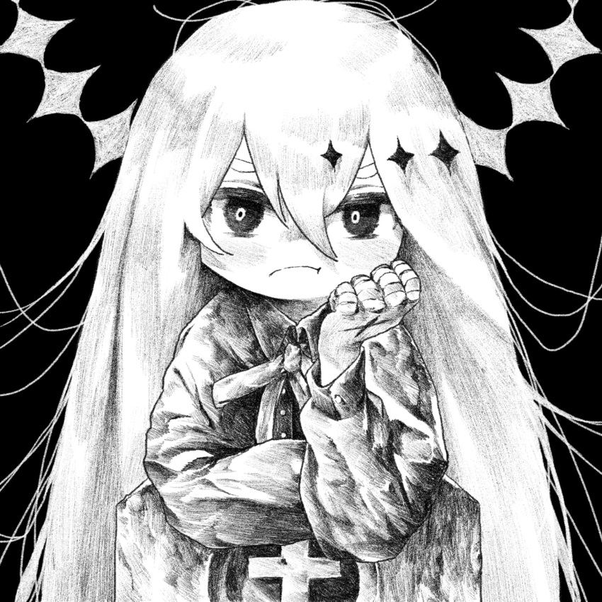 1girl annoyed bandaged_fingers bandages bright_pupils buttons collared_shirt cross gekiyaku greyscale hair_between_eyes halo hand_on_own_cheek hand_on_own_face hand_up head_rest highres kilsturgeon leaning_forward leaning_on_object long_hair long_sleeves looking_at_viewer monochrome neck_ribbon pout ribbon shirt simple_background sleeve_cuffs solo sparkle_hair_ornament stigmata straight-on thick_eyebrows tombstone upper_body utau v-shaped_eyebrows very_long_hair