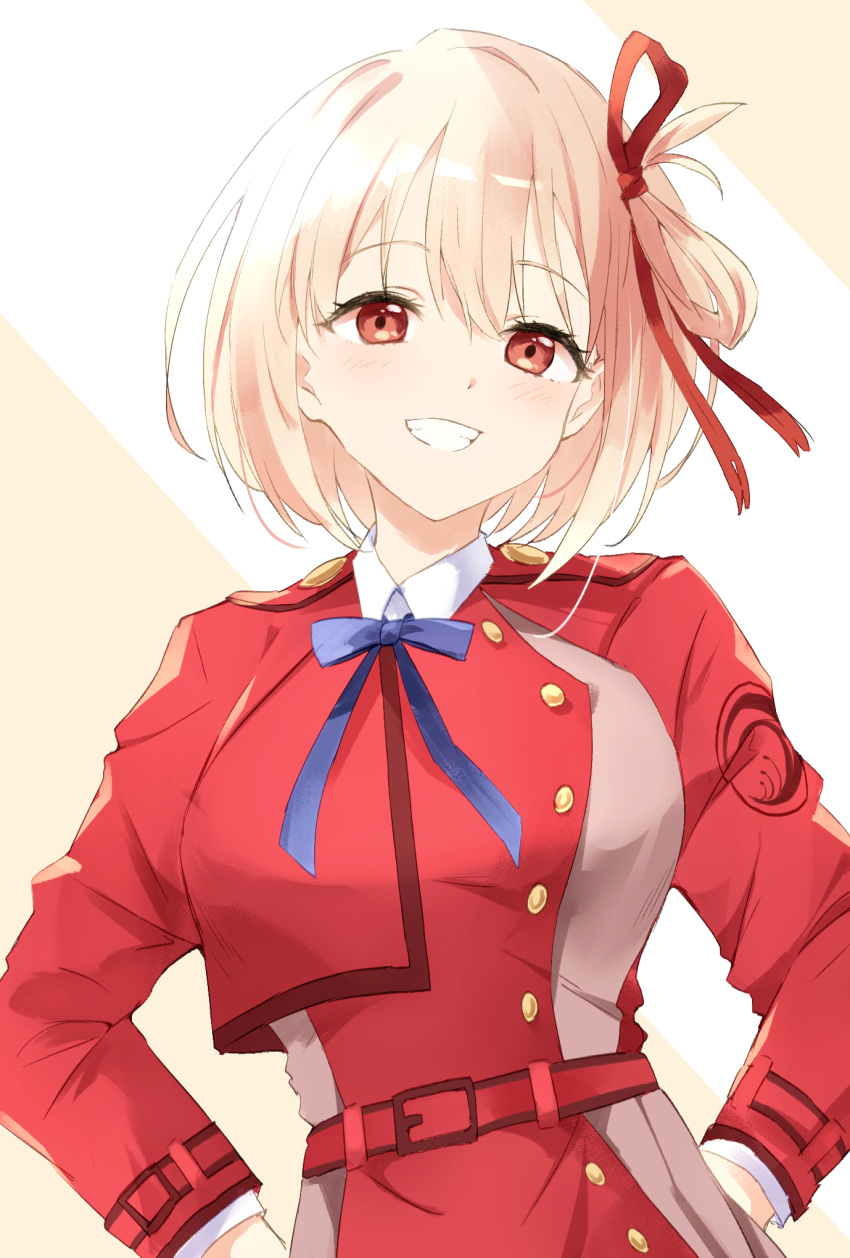 1girl :d blonde_hair blue_ribbon blush breasts commentary cowboy_shot dress eyelashes grin hair_between_eyes hair_ribbon hands_on_own_hips highres large_breasts long_sleeves looking_at_viewer lycoris_recoil lycoris_uniform medium_hair nishikigi_chisato one_side_up red_dress red_eyes red_ribbon ribbon ririka_(ab-yuri) sidelighting simple_background smile solo standing straight-on white_background
