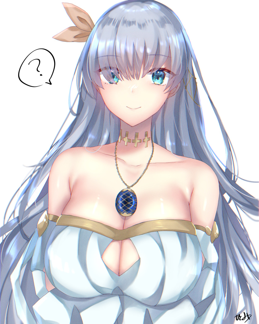 1girl absurdres anastasia_(fate) bare_shoulders blue_eyes blush breasts closed_mouth fate/grand_order fate_(series) hair_ornament highres hitomin_(ksws7544) jewelry large_breasts long_hair looking_at_viewer necklace ribbon smile solo very_long_hair white_background