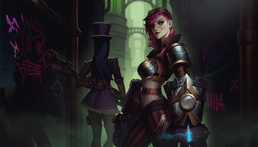2girls armor black_pants boobplate brick_wall caitlyn_(league_of_legends) corset dress frilled_dress frills from_behind gauntlets goggles goggles_on_head graffiti gun hat highres holding holding_gun holding_weapon league_of_legends long_hair looking_at_viewer monkey multiple_girls outdoors pants pink_hair pink_lips pouch purple_dress purple_hair red_pants rifle short_hair shoulder_plates smile striped striped_pants top_hat vatheja vi_(league_of_legends) weapon