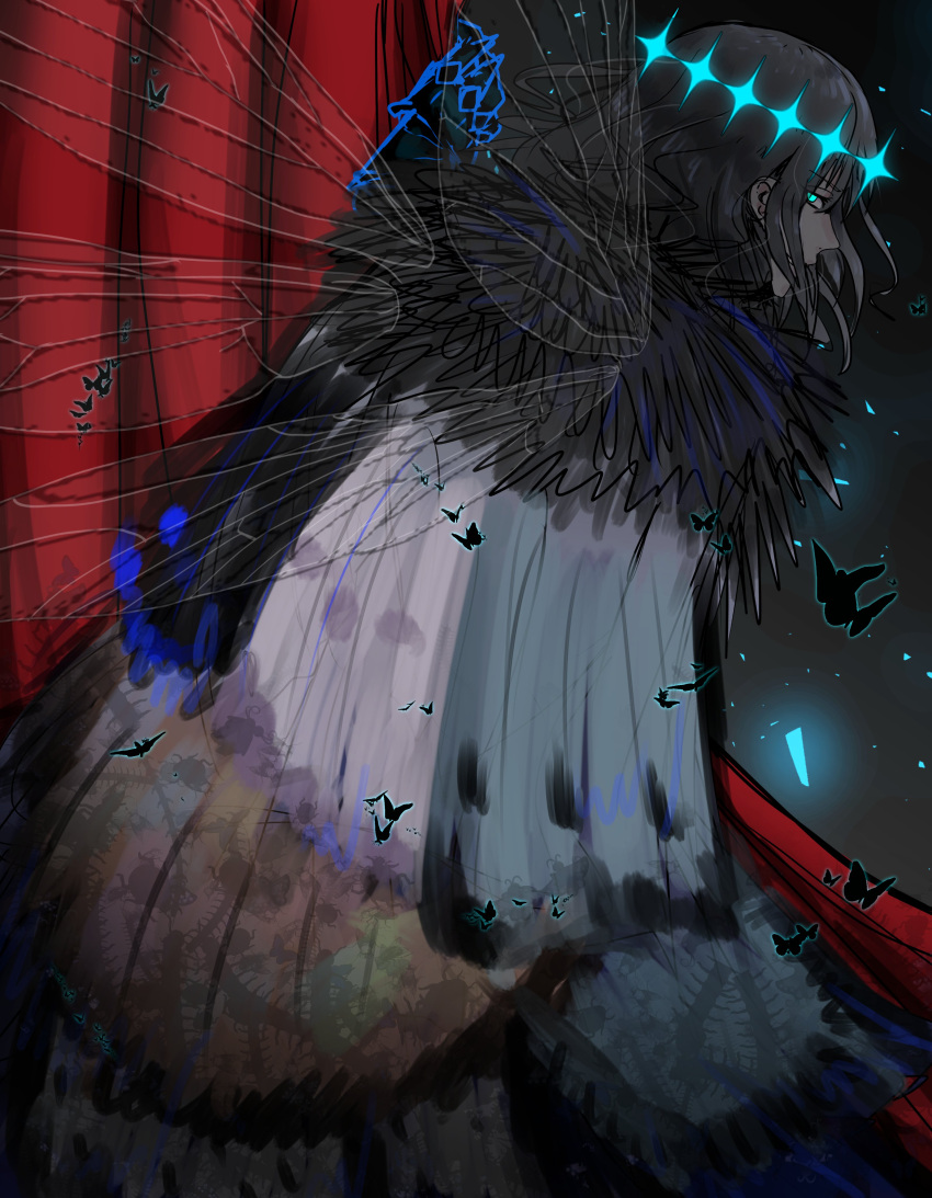 1boy absurdres arthropod_boy black_hair blue_eyes cape crown curtains diamond_hairband dragonfly_wings ebora fate/grand_order fate_(series) fur-trimmed_cape fur_trim highres insect_wings looking_at_viewer male_focus medium_hair oberon_(fate) oberon_(third_ascension)_(fate) profile solo upper_body wings