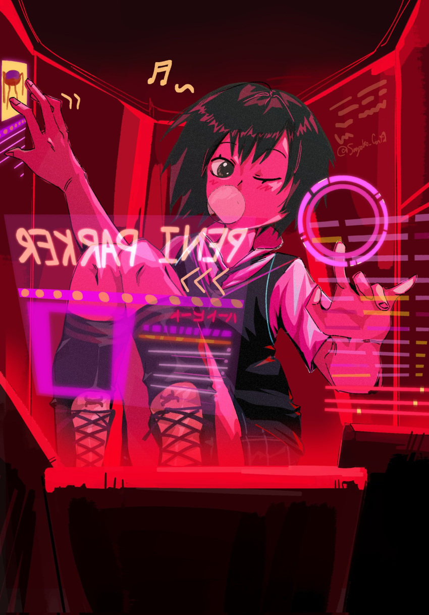 1girl artist_name black_footwear black_hair black_necktie black_skirt black_socks black_sweater_vest blush breasts brown_eyes bubble_blowing character_name cockpit commentary dress_shirt english_commentary glowing high_tops highres holographic_interface kneehighs knees_together_feet_apart knees_up looking_at_object marvel monitor motion_lines musical_note necktie one_eye_closed peni_parker piloting plaid plaid_skirt red_theme sayoko_cin school_uniform shirt shoes short_hair short_sleeves signature sitting skirt small_breasts sneakers socks solo spider-man:_across_the_spider-verse spider-man:_into_the_spider-verse spider-man_(series) sweater_vest translated twitter_username white_shirt