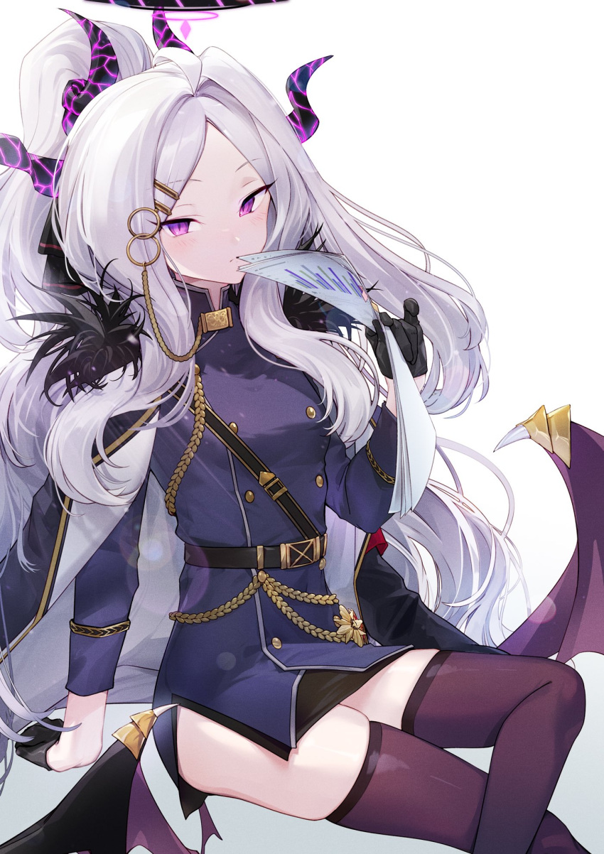 1girl aiguillette black_gloves blue_archive buttons coat coat_on_shoulders demon_girl demon_horns demon_wings double-breasted gloves half_gloves halo highres hina_(blue_archive) horns lingxia long_hair low_wings multiple_horns paper parted_bangs side_slit simple_background solo thigh-highs violet_eyes white_background white_hair wings
