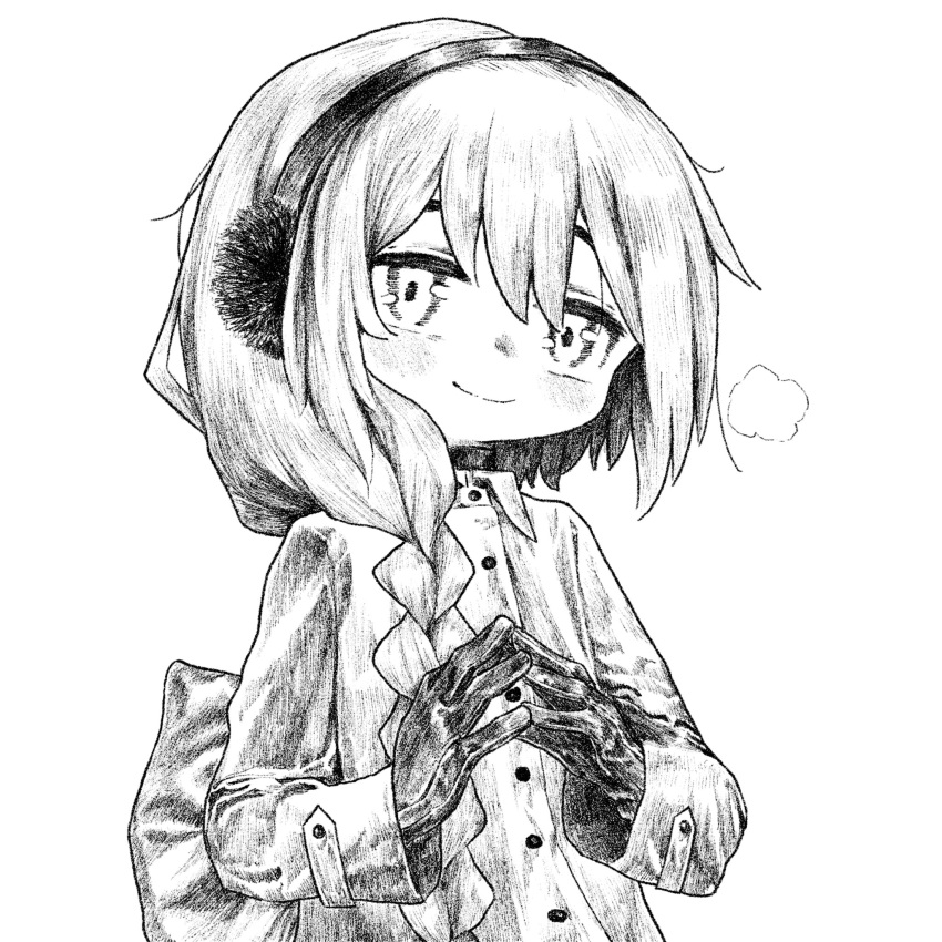 1girl back_bow blush bow braid breath buttons closed_mouth collared_coat earmuffs gloves greyscale hair_over_shoulder hands_up head_tilt high_collar highres kilsturgeon long_hair looking_at_viewer monochrome raised_eyebrows sekka_yufu simple_background smile solo steepled_fingers undershirt upper_body utau