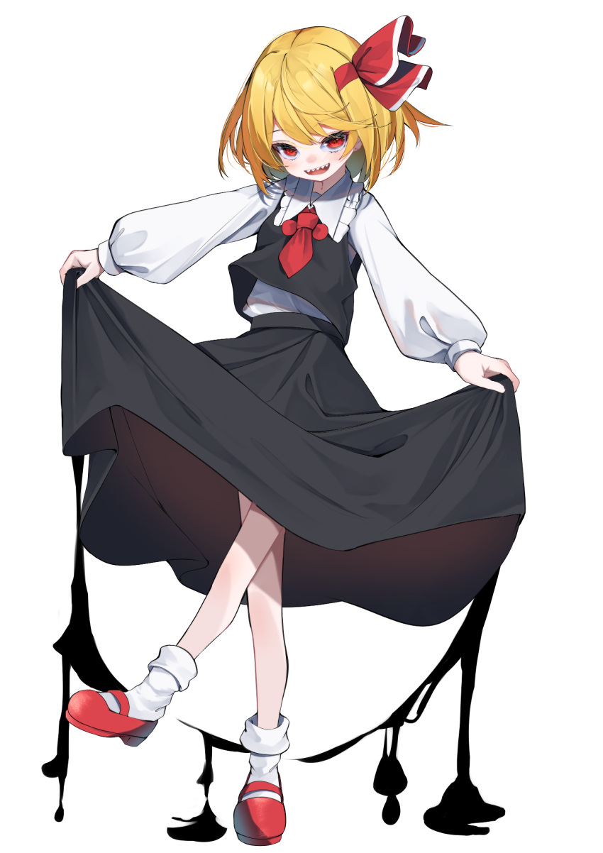 1girl :d ascot black_skirt blonde_hair clothes_lift commentary_request hair_ribbon highres legs lifted_by_self open_mouth red_ascot red_eyes red_footwear red_ribbon ribbon rumia sharp_teeth shoes short_hair simple_background skirt skirt_lift smile socks solo teeth touhou tsune_(tune) upper_teeth_only white_background white_socks
