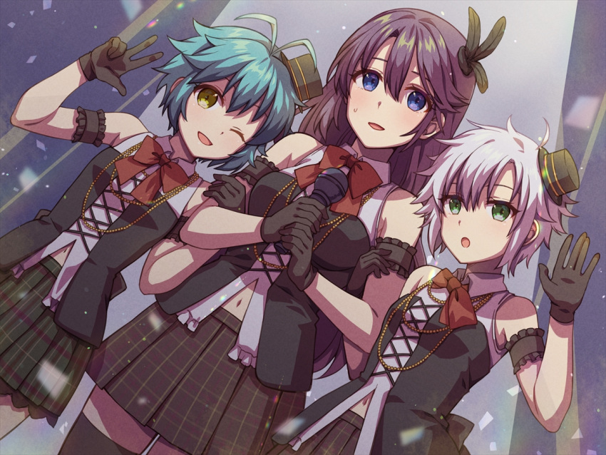 3girls ahoge blue_eyes blue_hair breasts brown_hair chihiro_(chihiro3399) double-parted_bangs eiyuu_densetsu emma_millstein feather_hair_ornament feathers fie_claussell gloves hair_ornament hat holding holding_microphone large_breasts long_hair microphone millium_orion mini_hat mini_top_hat multiple_girls navel one_eye_closed open_mouth sen_no_kiseki short_hair skirt small_breasts smile spotlight sweatdrop top_hat v waving white_hair yellow_eyes