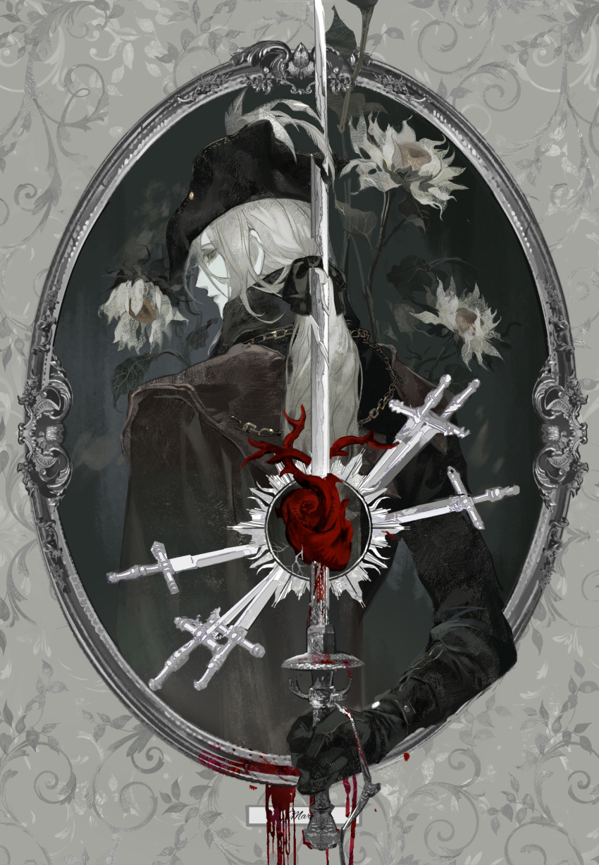 1girl arm_behind_back blood bloodborne bloodytongue666 bonnet coat flower from_behind gloves grey_hair hat hat_feather highres lady_maria_of_the_astral_clocktower looking_back picture_frame sword tricorne wallpaper_(object) weapon