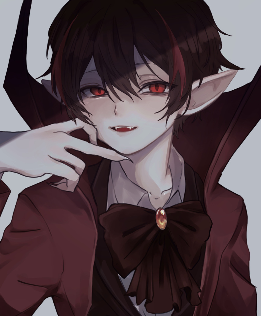 1boy black_hair black_vest bow bowtie brooch coat collared_shirt fingernails frown highres jewelry library_of_ruina long_sleeves looking_at_viewer male_focus moth_ram multicolored_hair nosferatu_(project_moon) open_mouth pointy_ears project_moon red_bow red_bowtie red_coat red_eyes redhead sharp_fingernails shirt solo streaked_hair upper_body vampire vest white_shirt