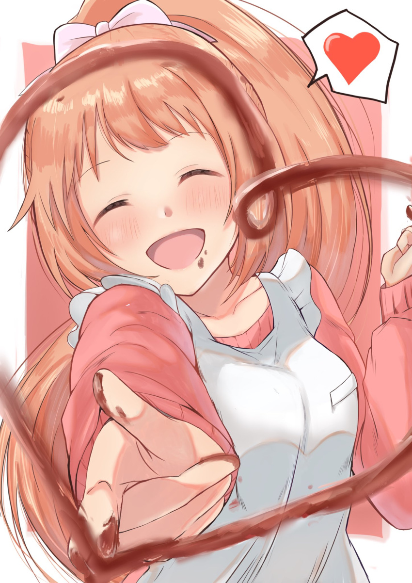 1girl apron blush bow breasts brown_hair chocolate closed_eyes collarbone food food_on_face frilled_apron frills grid_background hair_bow hair_ribbon hands_up heart highres idolmaster idolmaster_cinderella_girls idolmaster_cinderella_girls_starlight_stage long_hair long_sleeves medium_breasts open_mouth pink_ribbon pink_sweater ponytail reaching reaching_towards_viewer ribbon smile solo speech_bubble sweater tttte_toku0000 two-tone_background upper_body valentine very_long_hair wakabayashi_tomoka white_apron