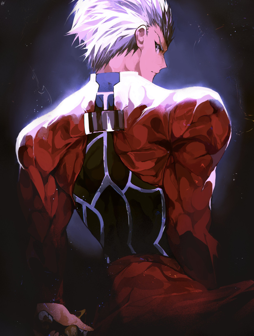 1boy absurdres archer_(fate) dagger fate/grand_order fate/stay_night fate_(series) highres holding holding_dagger holding_knife holding_weapon kanshou_&amp;_bakuya_(fate) knife looking_back male_focus muscular muscular_male short_hair shrug_(clothing) solo weapon white_hair yuki_flourish