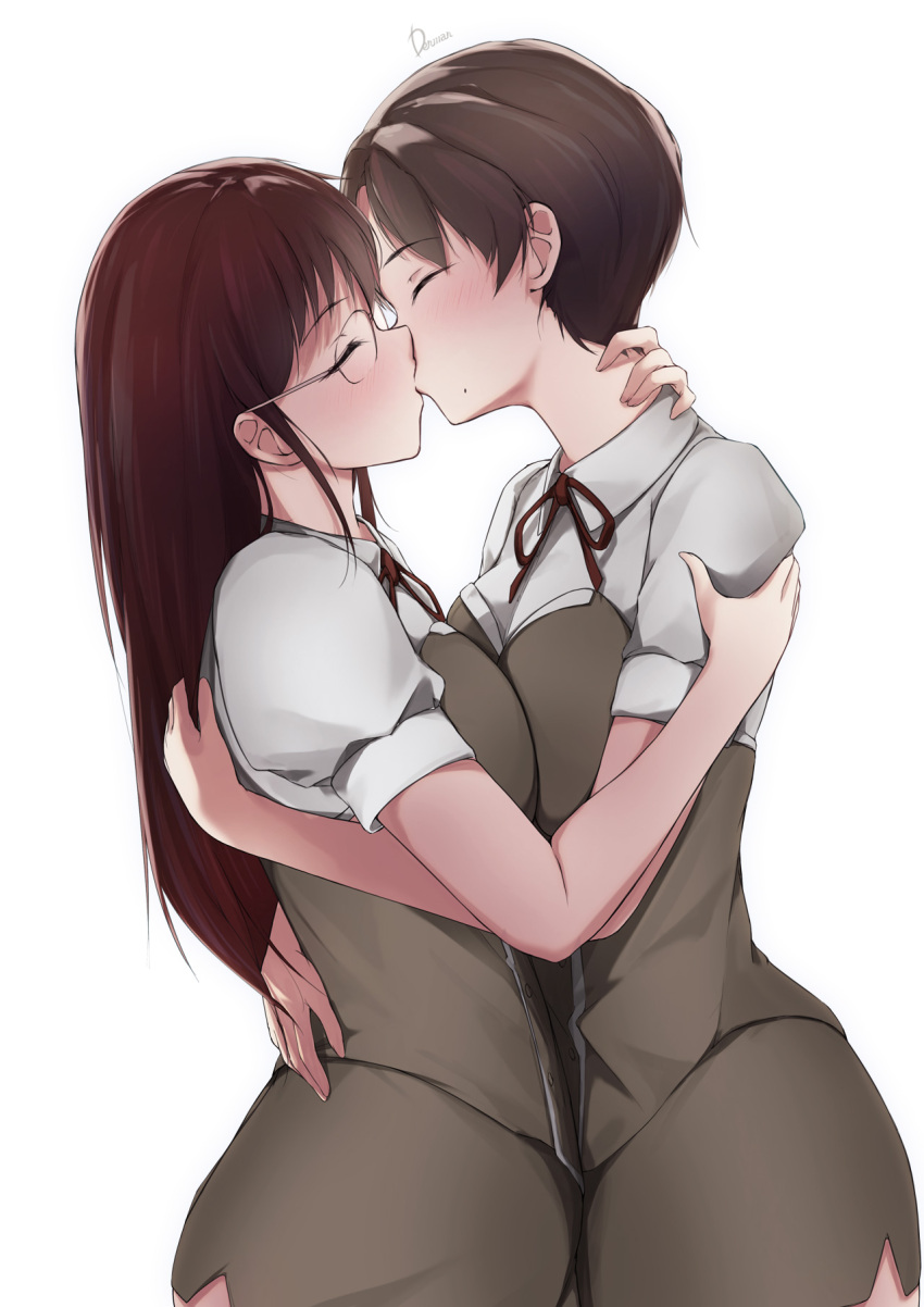 2girls ass blush breast_press breasts brown_hair closed_eyes cowboy_shot dermar from_side glasses hand_on_another's_arm hand_on_another's_back hand_on_another's_neck hand_on_another's_waist highres hug kiss large_breasts long_hair misuzu_(stainless_night) mole mole_under_mouth multiple_girls neck_ribbon profile puffy_short_sleeves puffy_sleeves red_ribbon redhead ribbon round_eyewear sayaka_(stainless_night) school_uniform shirt short_hair short_sleeves side_slit sidelocks simple_background skirt stainless_night standing straight_hair white_background white_shirt yuri