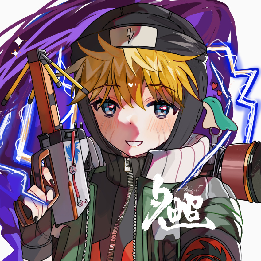1girl animification apex_legends black_nails blonde_hair blush chinese_commentary green_jacket hair_between_eyes heart highres holding jacket lightning lightning_bolt_symbol lightning_spirit_wattson looking_at_viewer nessie_(respawn) official_alternate_costume parted_lips portrait roastfish smile solo wattson_(apex_legends)