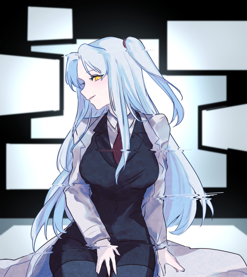 angela_(project_moon) black_skirt black_vest blue_hair breasts collared_shirt highres lab_coat large_breasts lobotomy_corporation long_hair long_sleeves looking_at_viewer monitor moth_ram necktie one_side_up parted_bangs parted_lips project_moon red_necktie shirt sidelocks sitting sitting_on_table skirt very_long_hair vest white_shirt