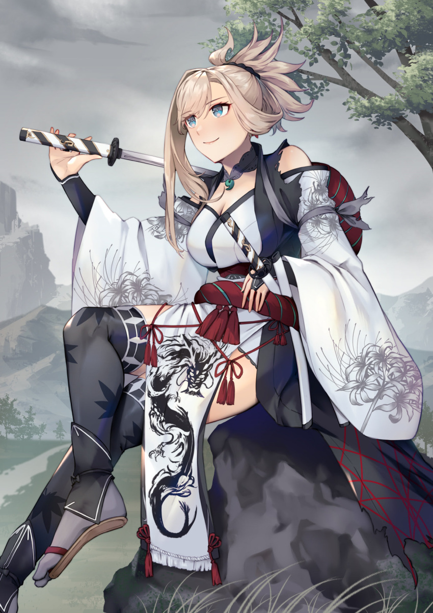 1girl bare_shoulders black_thighhighs blue_eyes bridal_gauntlets closed_mouth clouds commentary_request crossed_legs detached_sleeves fate/samurai_remnant fate_(series) grass grey_hair highres holding holding_sword holding_weapon japanese_clothes jewelry katana kimono lips magatama magatama_necklace miyamoto_musashi_(fate) nakaga_eri necklace official_alternate_costume on_rock outdoors pelvic_curtain pink_lips ponytail sitting sitting_on_rock smile solo sword thigh-highs tree weapon white_kimono