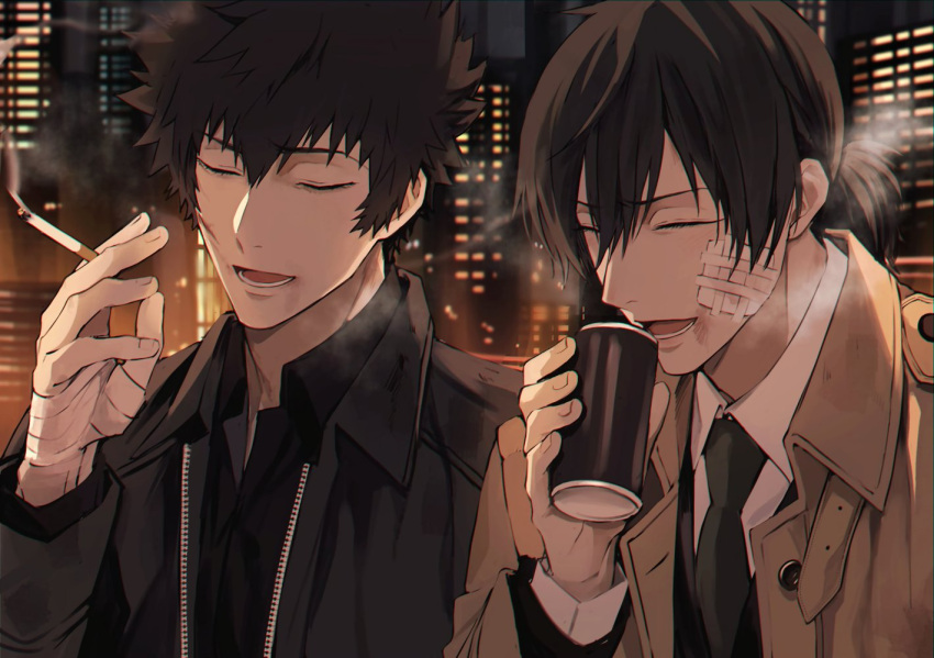 2boys :d bandaged_arm bandages black_hair black_jacket black_shirt can cigarette cityscape closed_eyes collared_shirt commentary_request double-parted_bangs formal ginoza_nobuchika green_necktie hair_between_eyes holding holding_can holding_cigarette jacket kougami_shin'ya male_focus messy_hair multiple_boys necktie open_clothes open_jacket ponytail psycho-pass shirt short_hair smile trench_coat very_short_hair yukin_(es)