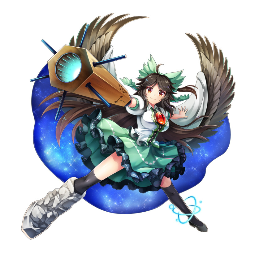 1girl ahoge arm_cannon asymmetrical_footwear bird_wings black_hair black_thighhighs black_wings bow breasts brown_eyes cape closed_mouth frilled_skirt frills full_body game_cg green_bow green_skirt hair_bow highres large_breasts long_hair looking_at_viewer mismatched_footwear puffy_short_sleeves puffy_sleeves reiuji_utsuho rotte_(1109) shirt short_sleeves simple_background skirt smile solo starry_sky_print thigh-highs third-party_source third_eye third_eye_on_chest touhou touhou_lost_word weapon white_background white_cape white_shirt wings