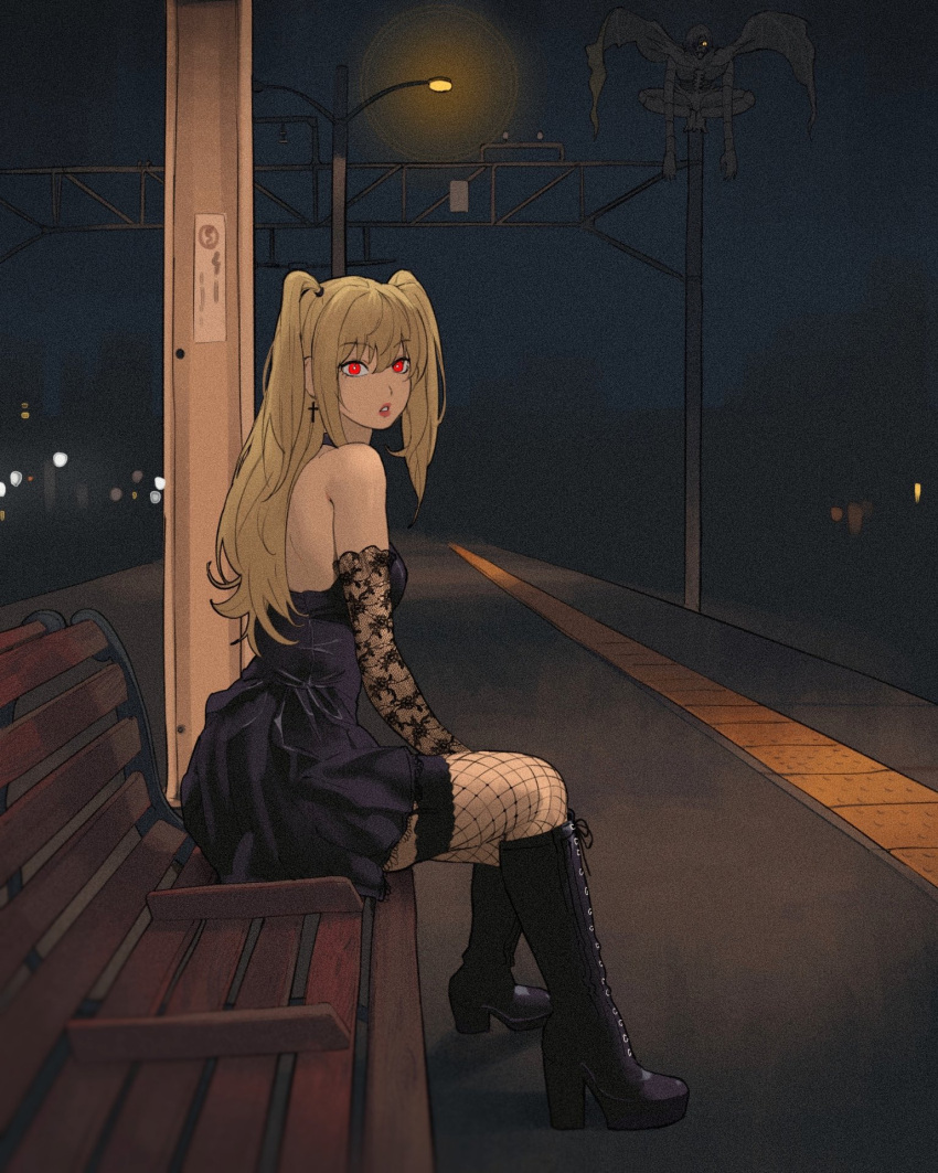 1girl amane_misa arm_warmers bare_shoulders bench black_dress blonde_hair boots cross cross_earrings death_note dress earrings fishnet_thighhighs fishnets giganticbuddha high_heel_boots high_heels highres jewelry lipstick long_hair looking_at_viewer makeup night night_sky outdoors park_bench parted_lips ribbon sitting sky thigh-highs train_station