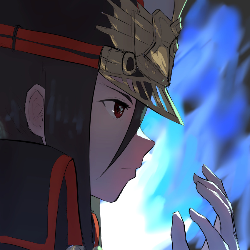 1girl black_cape black_hair black_headwear blue_fire blurry blurry_background cape collared_cape commentary_request depth_of_field doodlingneko fire from_side gloves hair_between_eyes hand_up hat highres morag_ladair_(xenoblade) peaked_cap portrait profile red_eyes solo white_gloves xenoblade_chronicles_(series) xenoblade_chronicles_2
