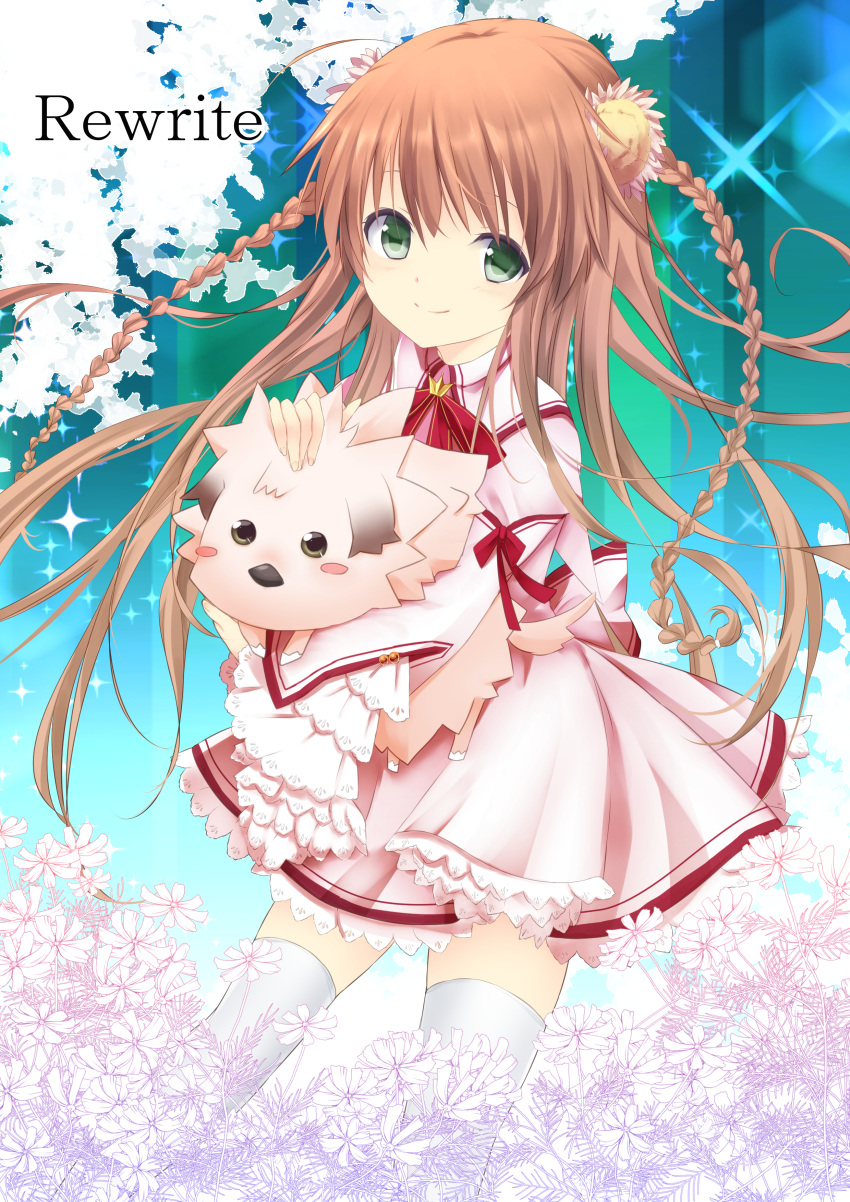 1girl absurdres ahoge animal blue_background blush_stickers braid brown_hair chibi-moth closed_mouth commentary copyright_name cowboy_shot dress floating_hair flower frilled_dress frilled_sleeves frills green_eyes hair_between_eyes hair_flower hair_ornament headpat highres holding holding_animal juliet_sleeves kanbe_kotori kazamatsuri_institute_high_school_uniform light_blush long_hair long_sleeves looking_at_viewer pink_dress pink_flower puffy_sleeves red_ribbon rewrite ribbon ririka_(ab-yuri) school_uniform simple_background smile solo sparkle standing thigh-highs twin_braids very_long_hair white_flower white_thighhighs wide_sleeves