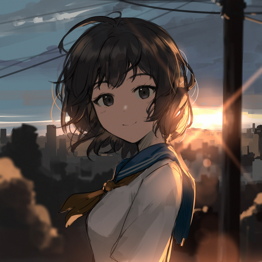 1girl absurdres arttsam black_eyes black_hair blue_sailor_collar blurry blurry_background building city closed_mouth evening highres looking_at_viewer neckerchief original outdoors power_lines red_neckerchief sailor_collar school_uniform short_hair smile solo sun sunset utility_pole