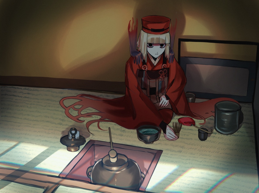 1girl apron araiyoko_(fxcw5834) bags_under_eyes black_eyes blonde_hair blunt_bangs bob_cut brown_apron chagama_(pot) chajinbou chasen closed_mouth commentary_request cup disembodied_limb expressionless fate/grand_order fate_(series) flower_knot ghost_hands hand_on_lap hands_on_another's_shoulders indoors japanese_clothes kimono ladle looking_at_viewer looking_up medium_hair no_pupils pale_skin red_kimono seiza sen_no_rikyu_(fate) sen_no_rikyu_(first_ascension)_(fate) shadow sitting solo sunlight tatami tea_ceremony wide_sleeves window_shade yunomi