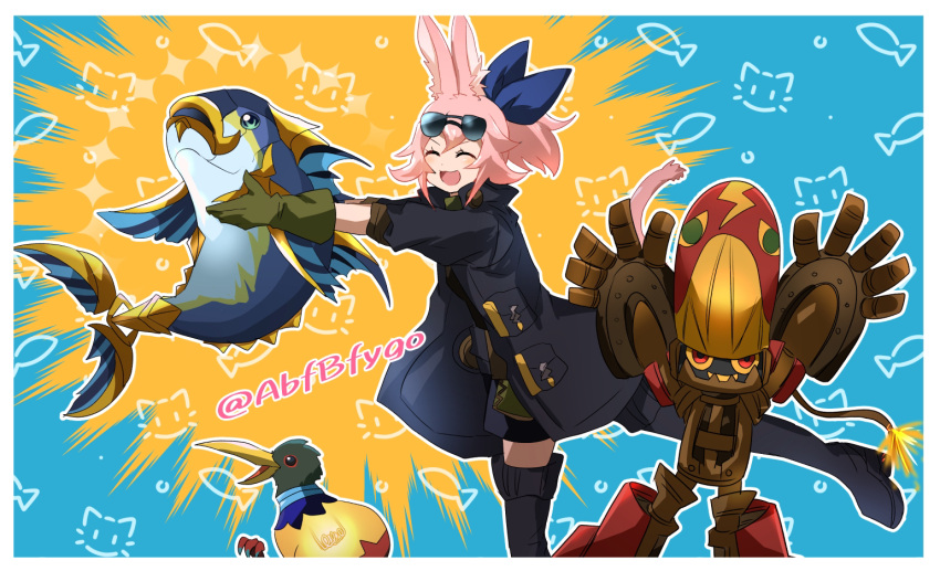 1girl abfbfygo animal animal_ears arms_up bird boots cat_ears cat_tail character_request closed_eyes colored_sclera duel_monster feet_out_of_frame fish hands_up holding holding_animal holding_fish jacket kitt_(yu-gi-oh!) kiwi_(bird) lit_fuse open_clothes open_jacket open_mouth pink_hair ponytail red_eyes robot smile springans_kitt springans_rockey standing standing_on_one_leg sunglasses tail thigh_boots wattkiwi wattuna yellow_sclera yu-gi-oh!