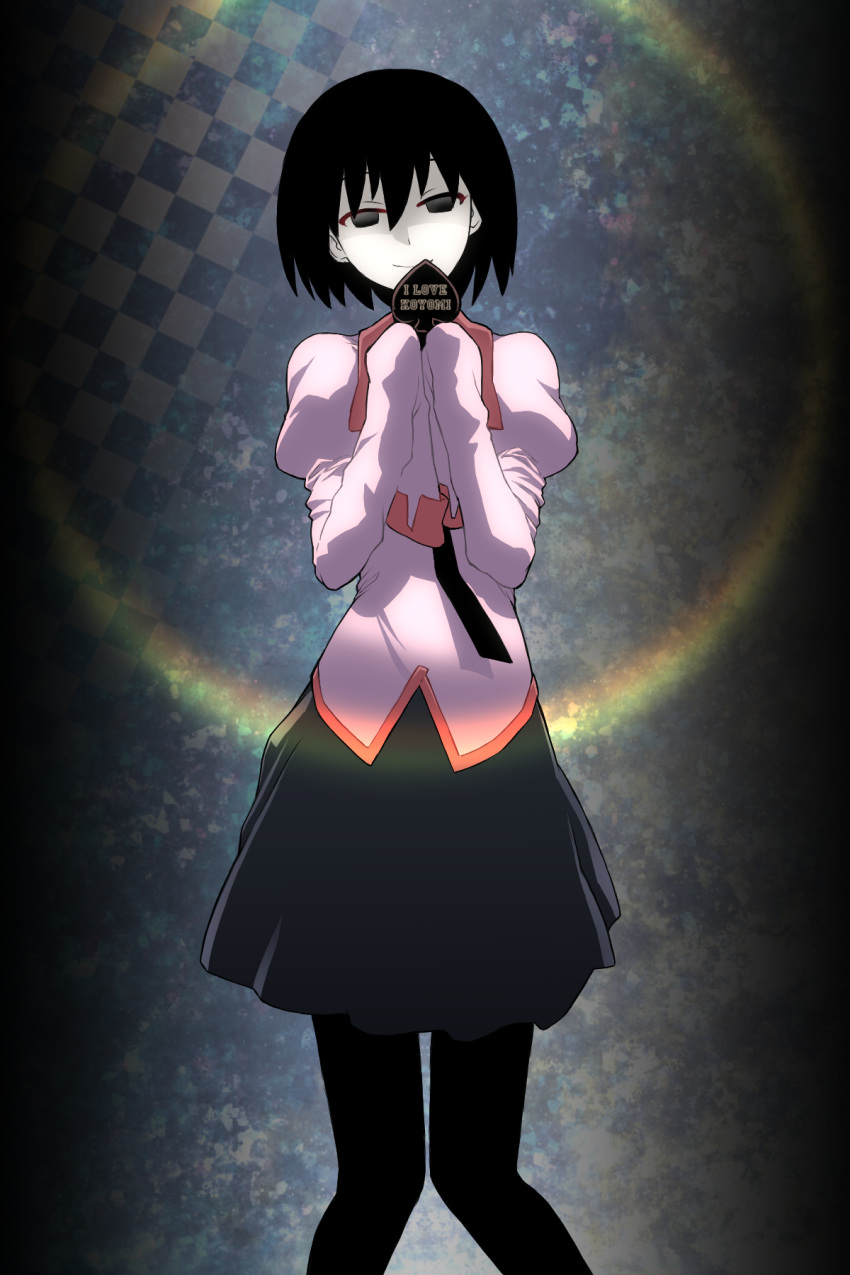 1girl black_eyes black_hair black_necktie black_pantyhose black_skirt bob_cut checkered_background chocolate closed_mouth commentary empty_eyes english_text food hair_between_eyes head_tilt highres holding holding_chocolate holding_food kikumaru_bunta knees_together_feet_apart long_sleeves looking_at_viewer monogatari_(series) naoetsu_high_school_uniform narrowed_eyes necktie oshino_ougi own_hands_together pale_skin pantyhose pink_shirt puffy_sleeves refraction school_uniform shirt short_hair skirt sleeves_past_fingers sleeves_past_wrists smile solo spade_(shape) standing valentine very_long_sleeves w_arms