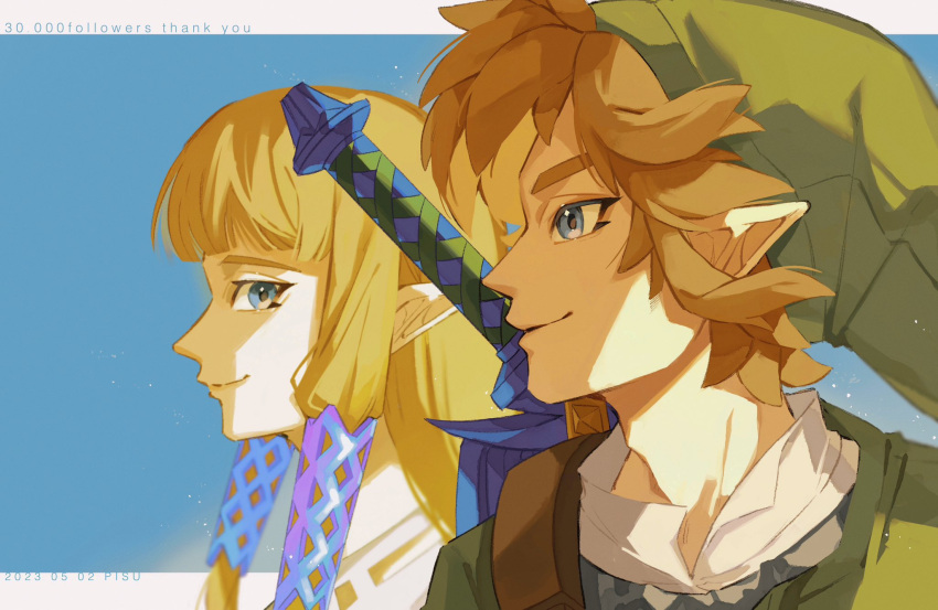 1boy 1girl blonde_hair blue_eyes border closed_mouth green_background green_headwear green_shirt highres link looking_at_another milestone_celebration pisu_1107 pointy_ears princess_zelda profile shirt short_hair sideways_glance smile sword the_legend_of_zelda the_legend_of_zelda:_skyward_sword twintails weapon white_border