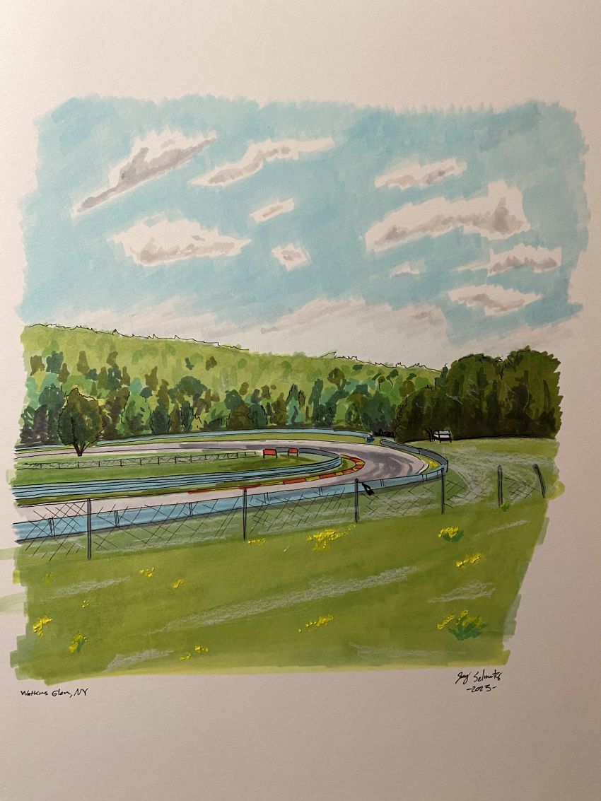 2023 absurdres artist_name clouds english_commentary forest highres jsel92 nature no_humans original outdoors painting_(medium) racetrack real_world_location scenery signature sky traditional_media watkins_glen_international