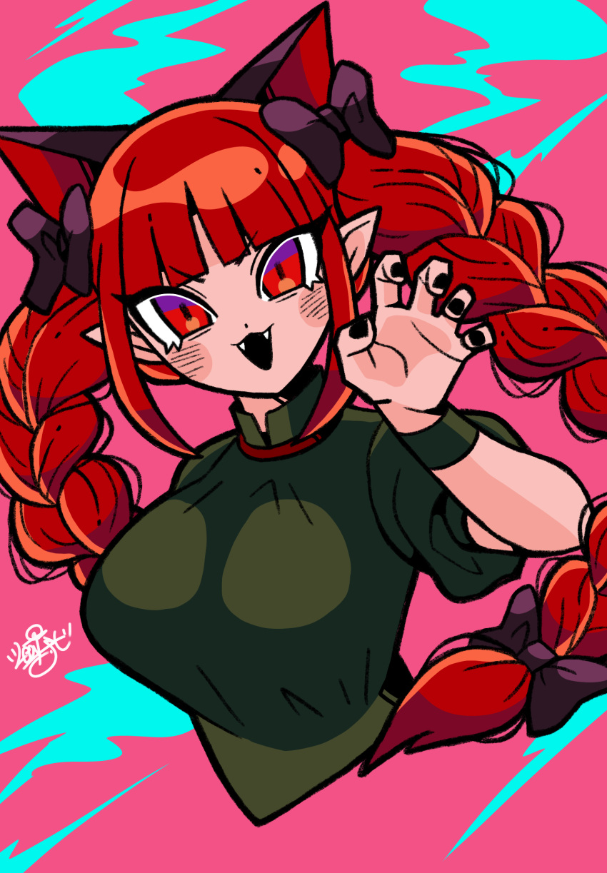 1girl :3 :d animal_ears black_bow black_nails blunt_bangs bow braid breasts cat_ears claw_pose commentary cropped_torso dress extra_ears fangs green_dress hair_bow hair_ribbon highres hitodama kaenbyou_rin large_breasts leaf_st long_hair looking_at_viewer nail_polish open_mouth pink_background pointy_ears red_eyes redhead ribbon signature simple_background slit_pupils smile solo touhou tress_ribbon tsurime twin_braids upper_body v-shaped_eyebrows very_long_hair