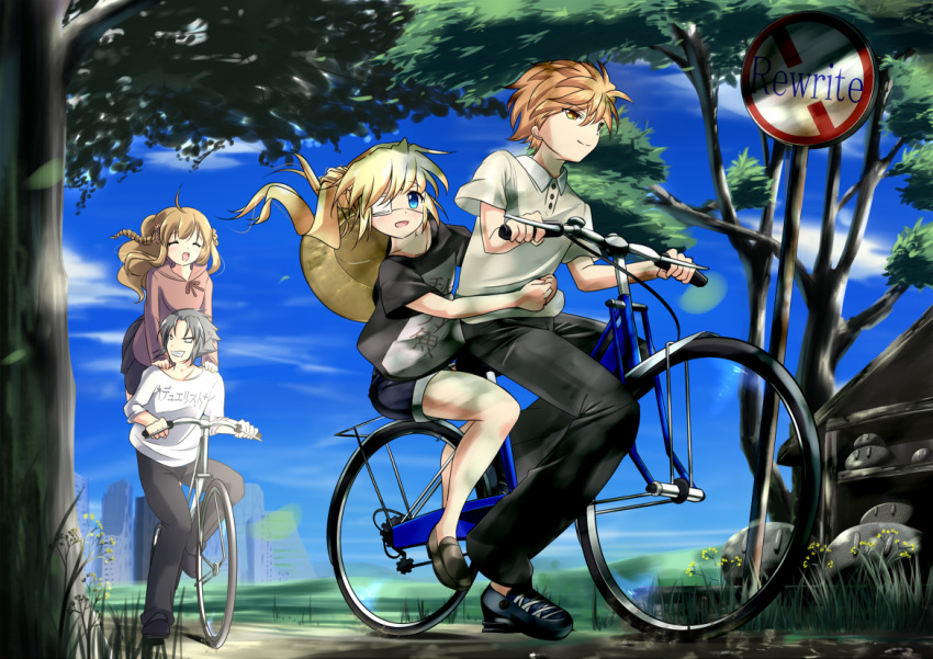 2boys 2girls :d ^_^ ahoge alternate_costume bicycle black_footwear black_shirt blonde_hair blue_eyes blue_shorts blue_sky blurry blush braid brown_hair casual clenched_teeth closed_eyes closed_mouth commentary_request company_connection copyright_name dango dango_daikazoku dappled_sunlight day depth_of_field eyepatch floating_hair food from_side grey_hair happy hat hood hood_down hoodie hug hug_from_behind kanbe_kotori key_(company) long_hair looking_afar looking_at_viewer multiple_boys multiple_girls multiple_riders nakatsu_shizuru one_eye_covered open_mouth orange_hair outdoors pink_hoodie rewrite riding riding_bicycle road_sign shirt short_hair short_sleeves shorts sign sky smile spiky_hair straw_hat summer sunlight tagame_(tagamecat) teeth tennouji_kotarou tree twin_braids twintails wagashi white_shirt yoshino_haruhiko